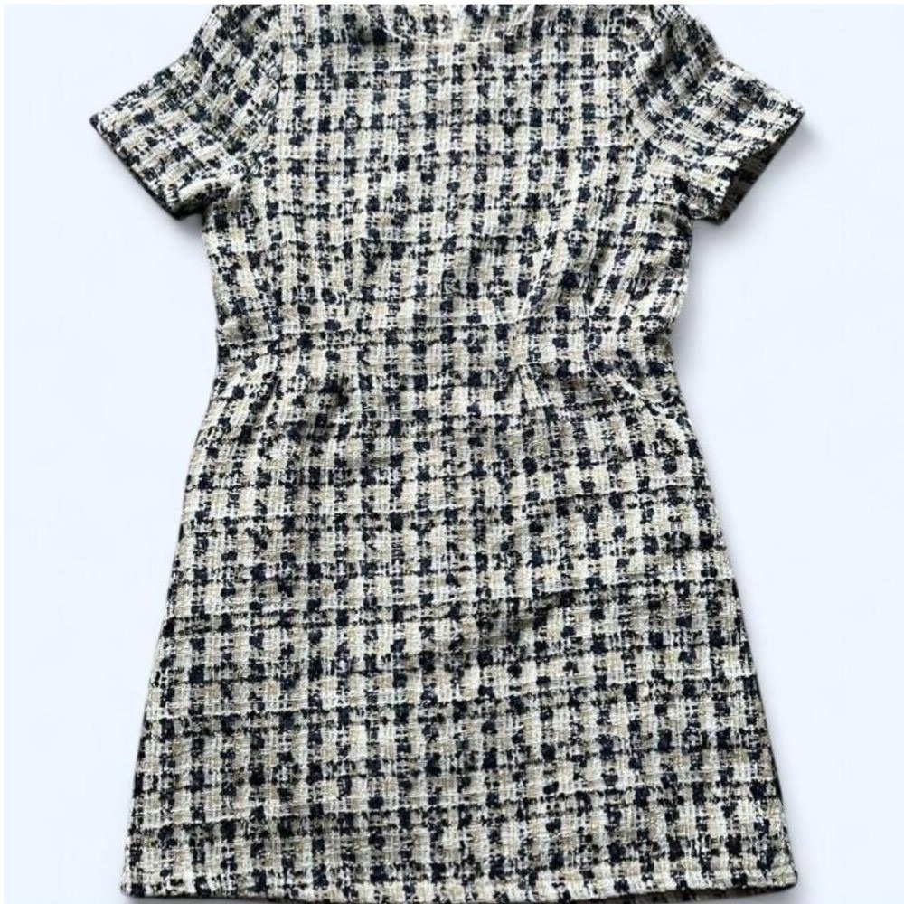 J. Ing Navy Blue Gold White Tweed Midi Dress Sz M/Lg French Vintage Traditional